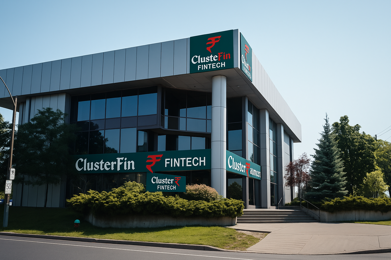 A sleek, modern fintech building bathed in daylight